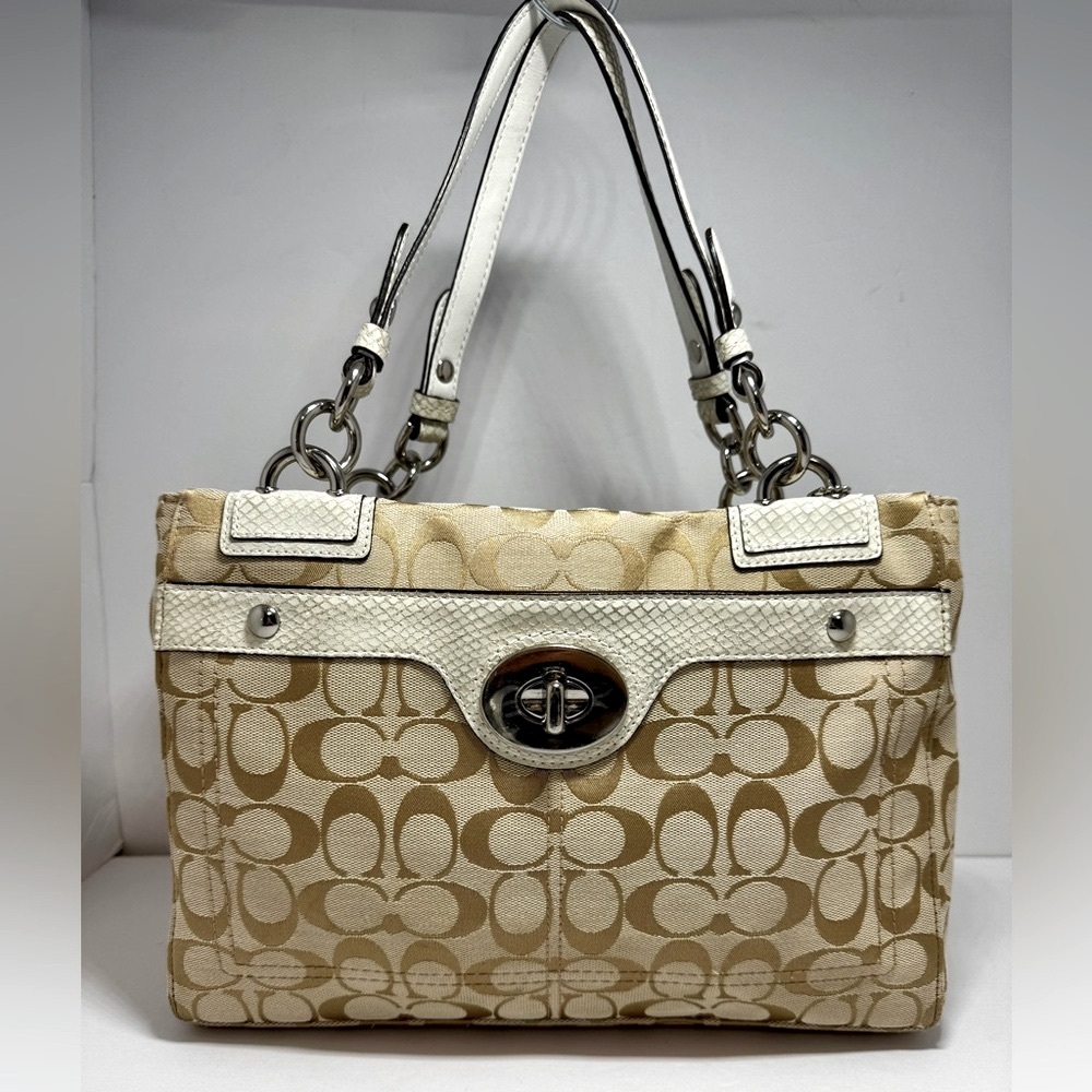 COACH Penelope Signature C Shoulder Tote Satchel Bag in Snakeskin/White/Beige